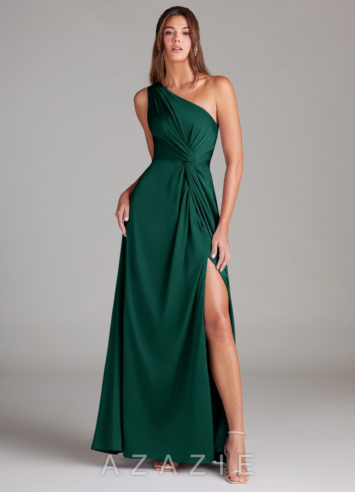 Azazie Brooke Emerald A-Line One Shoulder Stretch Satin Dress