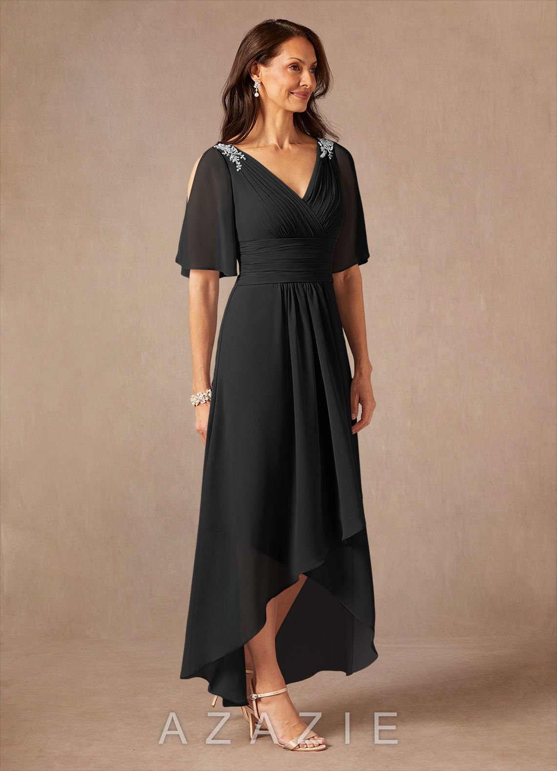 Azazie Pascual Black A-Line Pleated Chiffon Dress black