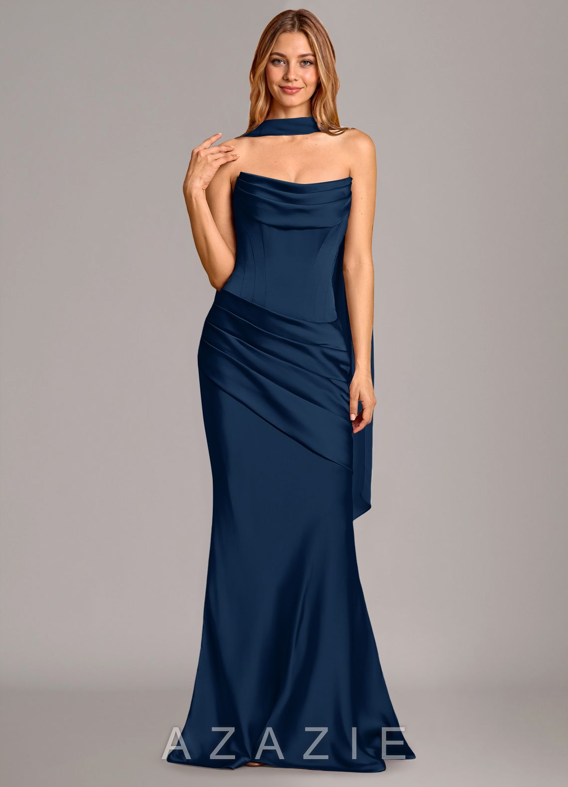 Azazie Pelagia Dark Navy Mermaid Corset Stretch Satin Convertible Dress dark_navy