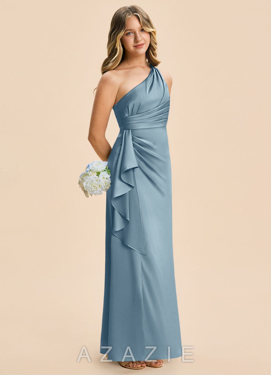 Azazie Kayden Junior Dusty Blue Sheath Ruched Stretch Satin Dress dusty_blue
