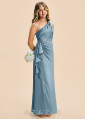 Azazie Kayden Junior Dusty Blue Sheath Ruched Stretch Satin Dress dusty_blue