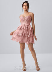 Liaorde Blush Taupe Ruffles Sequins A Line Mini Dress