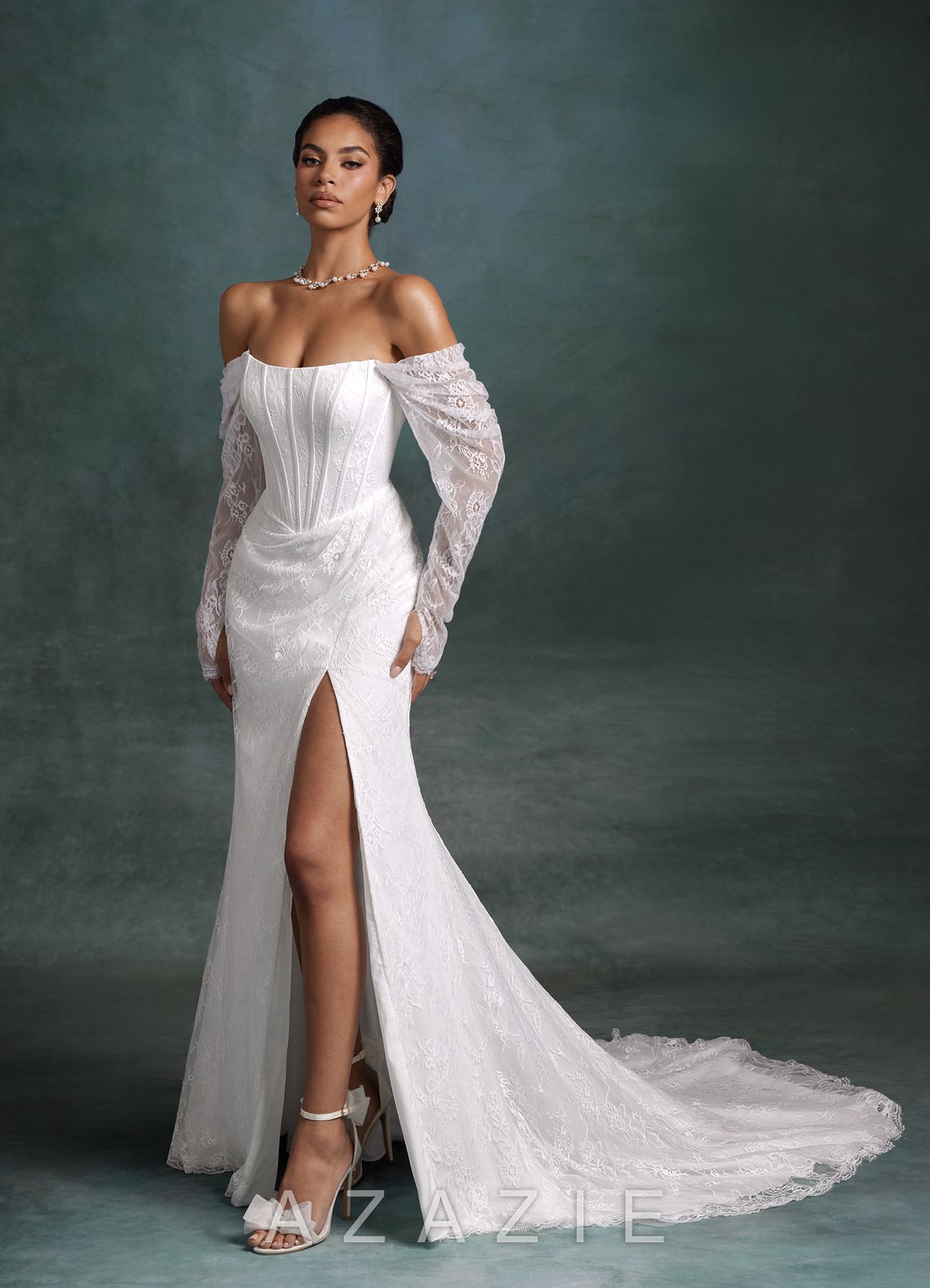 Azazie Zelda Diamond White Mermaid Side Slit Lace Dress