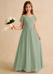 Azazie Chelo Girls Formal Dusty Sage A-Line Pleated Chiffon Dress