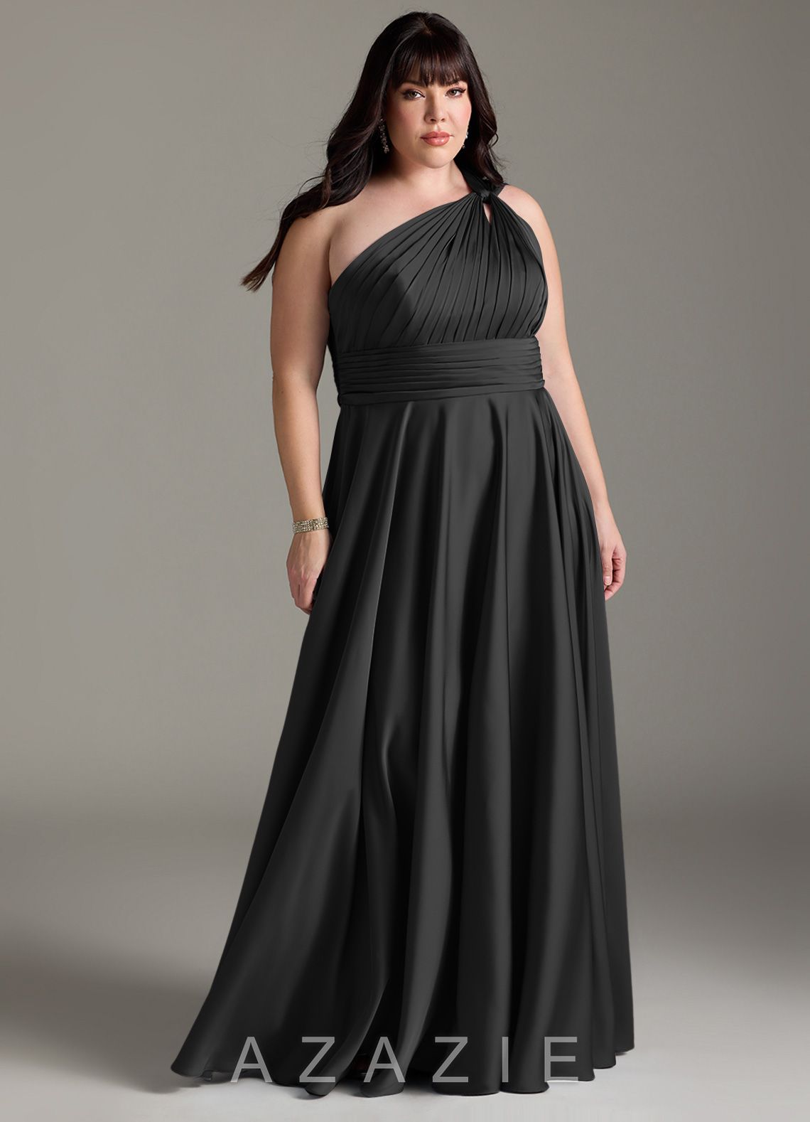 Azazie Charlize Black A-Line One Shoulder Stretch Satin Dress black