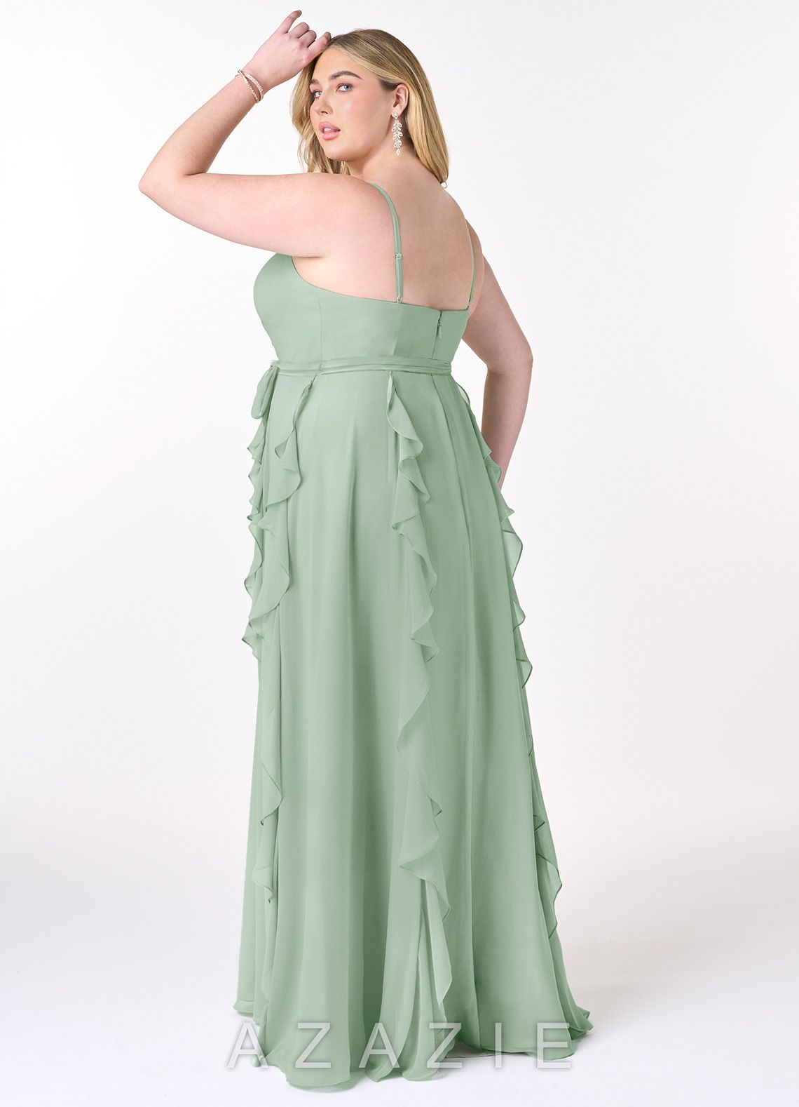 Azazie Peyton Agave A-Line Ruched Chiffon Dress agave