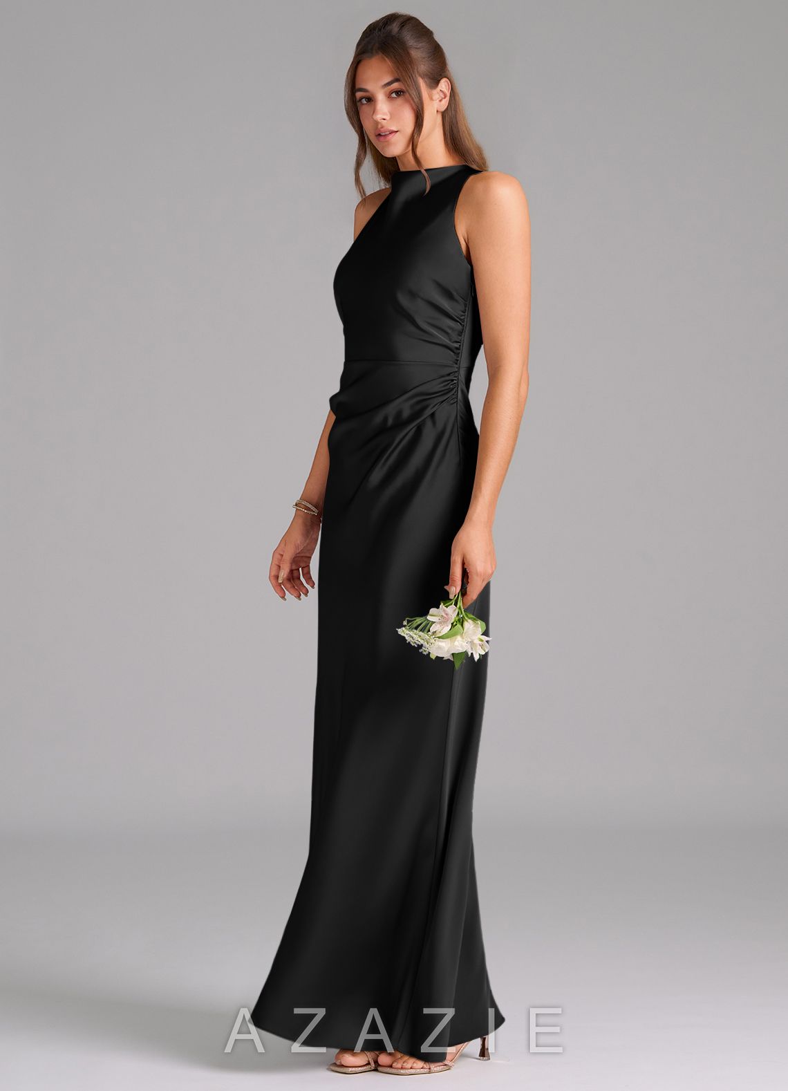 Azazie Evadne Black Sheath Pleated Stretch Satin Dress
