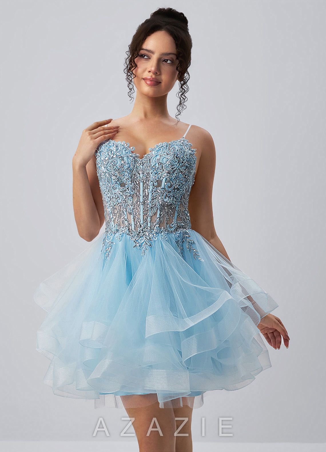 Katia Sky Blue Spaghetti Strap Tulle Lace-Up Mini Dress