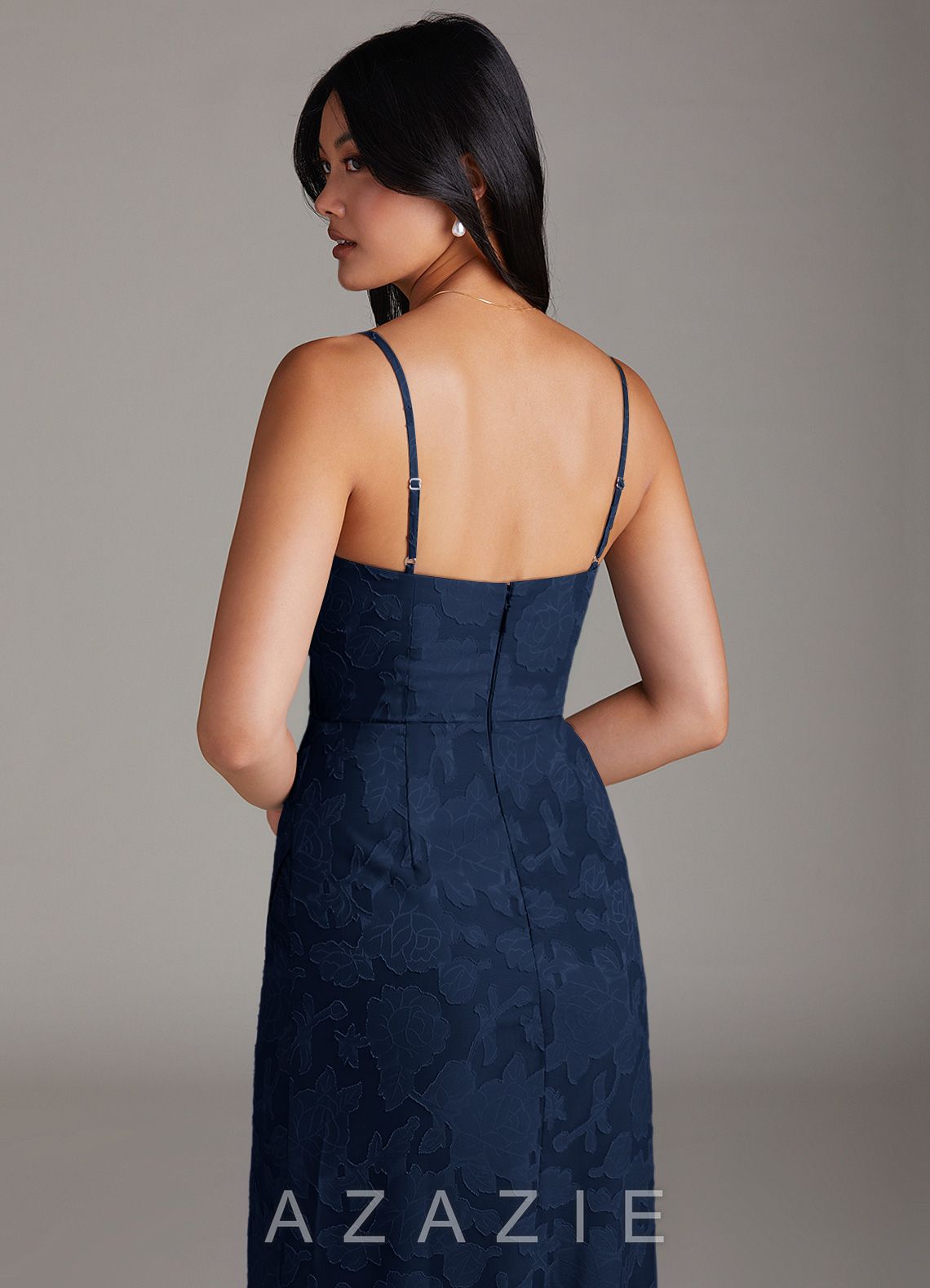 Azazie Maci Dark Navy Sheath Pleated Floral Burnout Dress dark_navy
