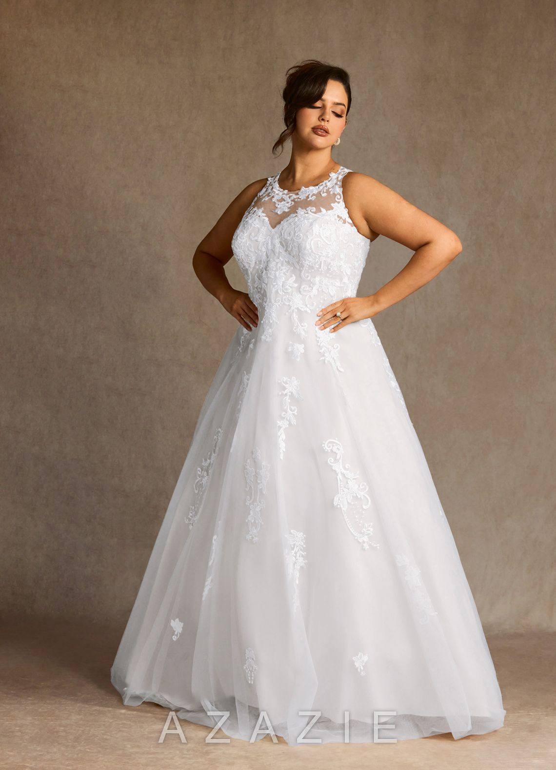 Azazie Melrose Wedding Dress Diamond White A-Line Sweetheart Lace Tulle Dress diamond_white