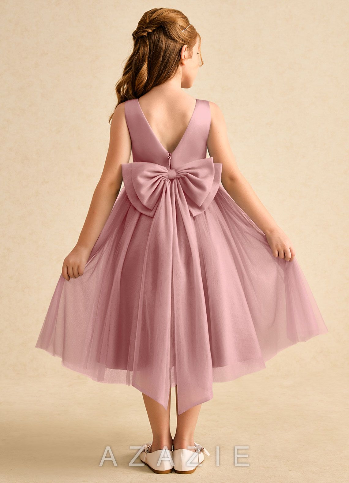 Azazie Winnie Dusty Rose Ball-Gown Bow Tulle Dress