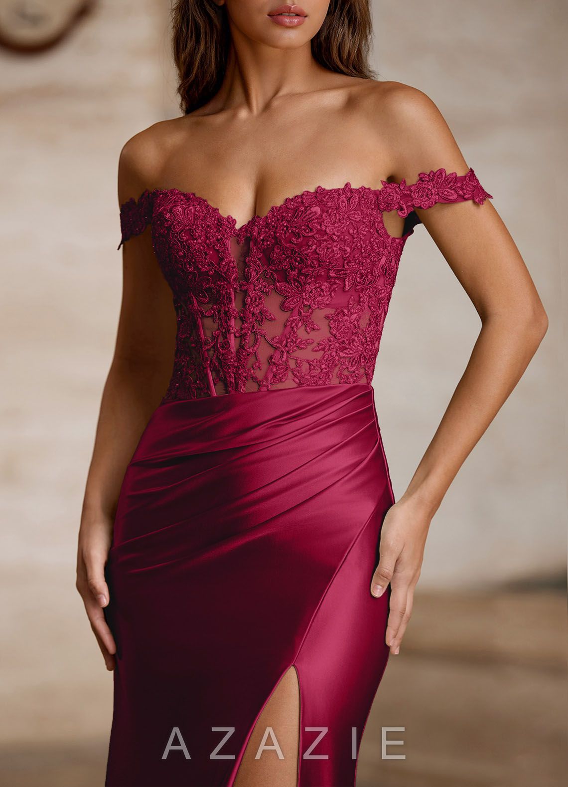 Linange Burgundy Embroidered Appliqué Satin Prom Dress
