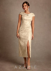 Azazie Alpine Champagne A-Line Pleated Floral Jacquard Dress champagne