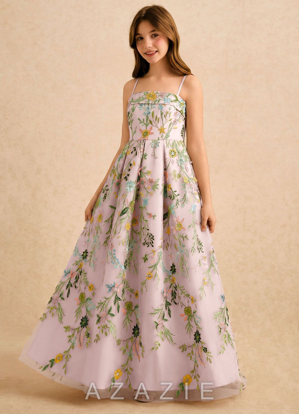 Azazie Lark Girls Formal Blushing Pink A-Line Pleated Lace Dress blushing_pink