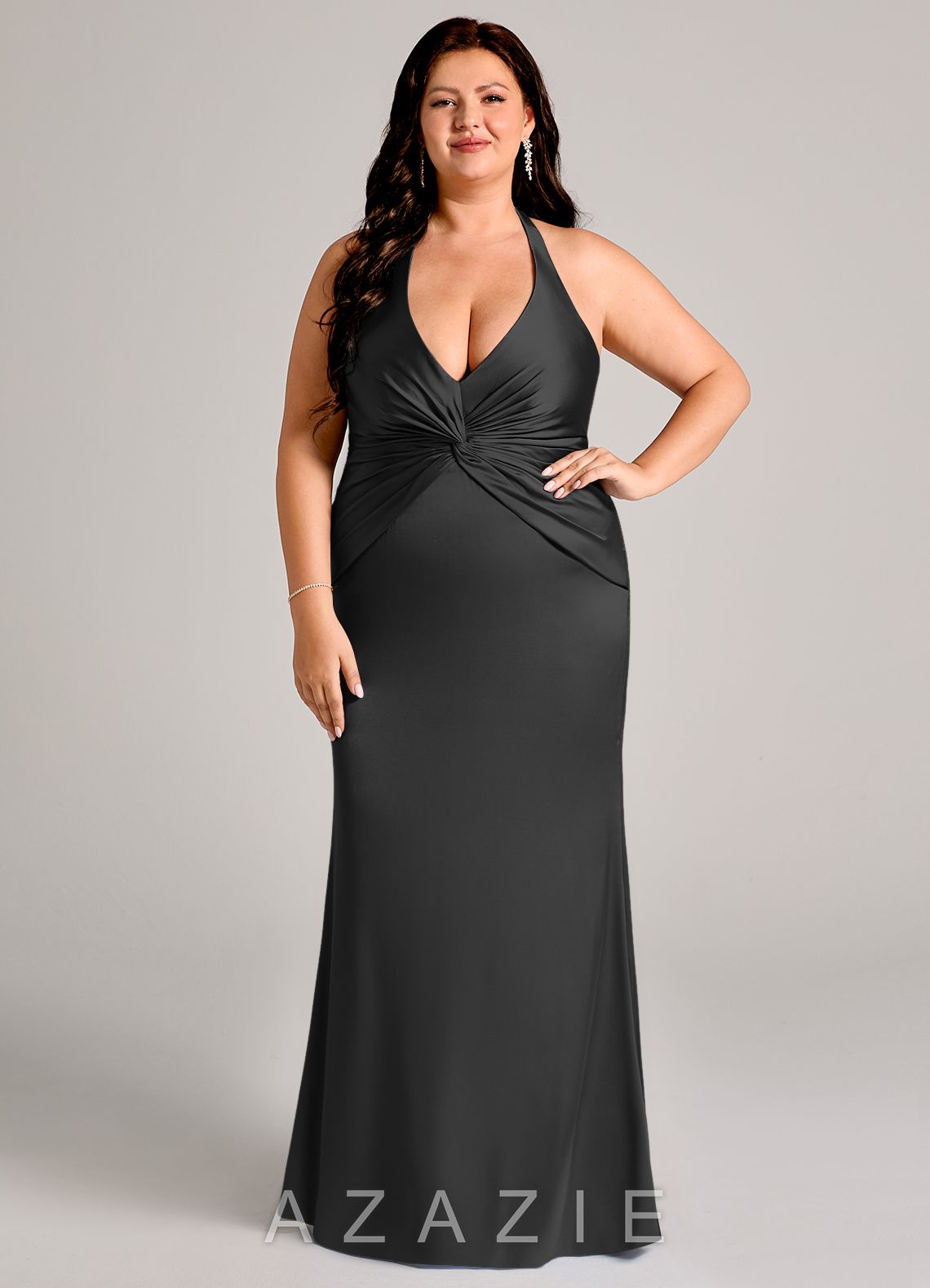 Azazie Valerie Black Mermaid Pleated Stretch Satin Dress black