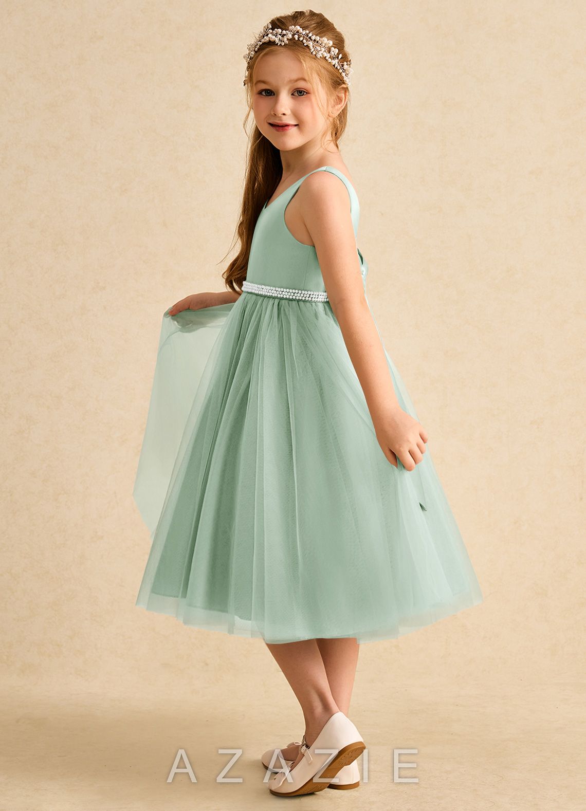 Azazie Firefly Agave A-Line Bow Matte Satin Dress agave