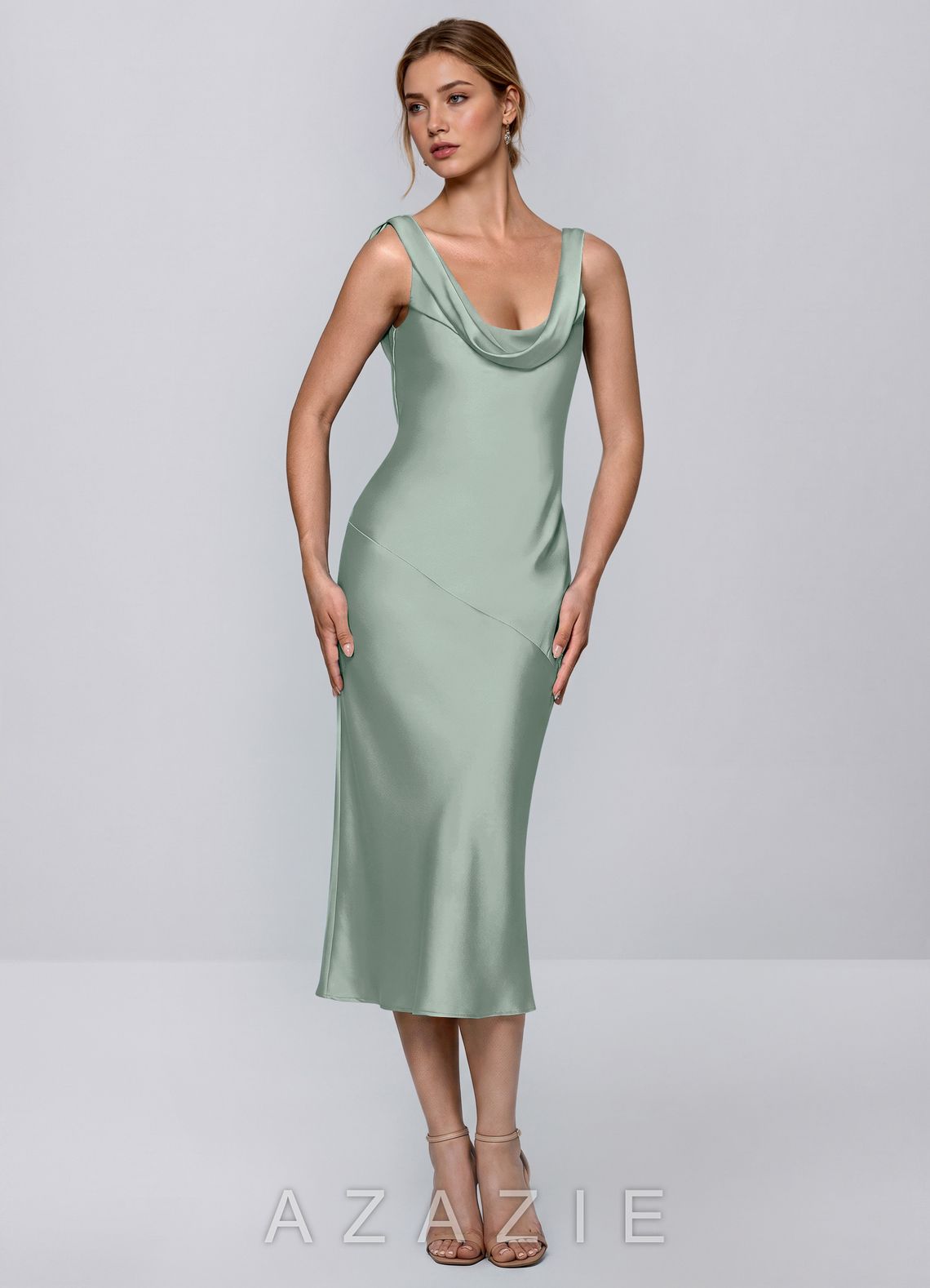 Inez Agave Green Cowl Satin Tie-Back Midi Dress