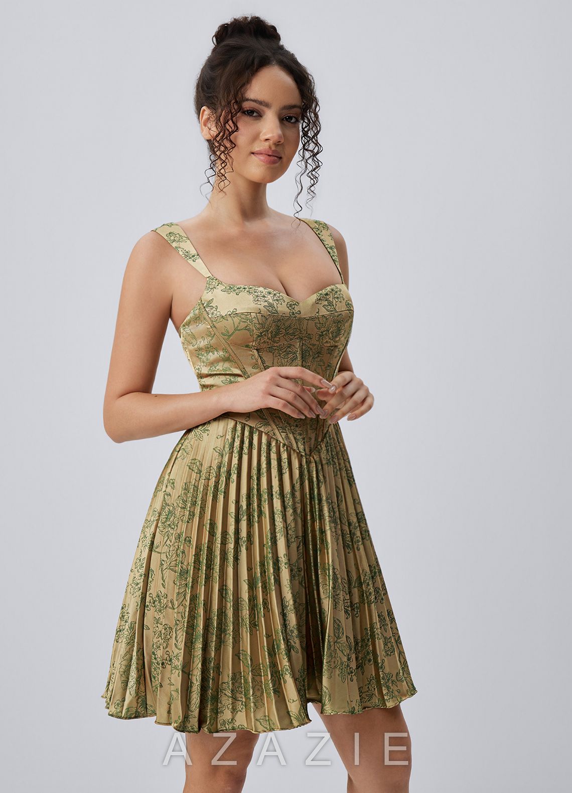 Jade Green Brown Spaghetti Strap Floral Pleated Lace-Up Mini Dress