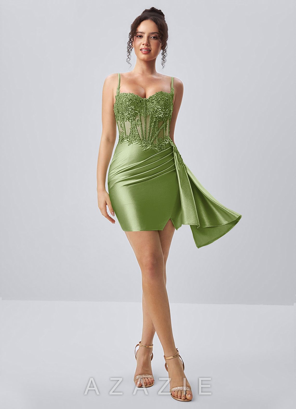 Calisthenia Sage Stretch Satin Corset Lace Rhinestones Mini Dress