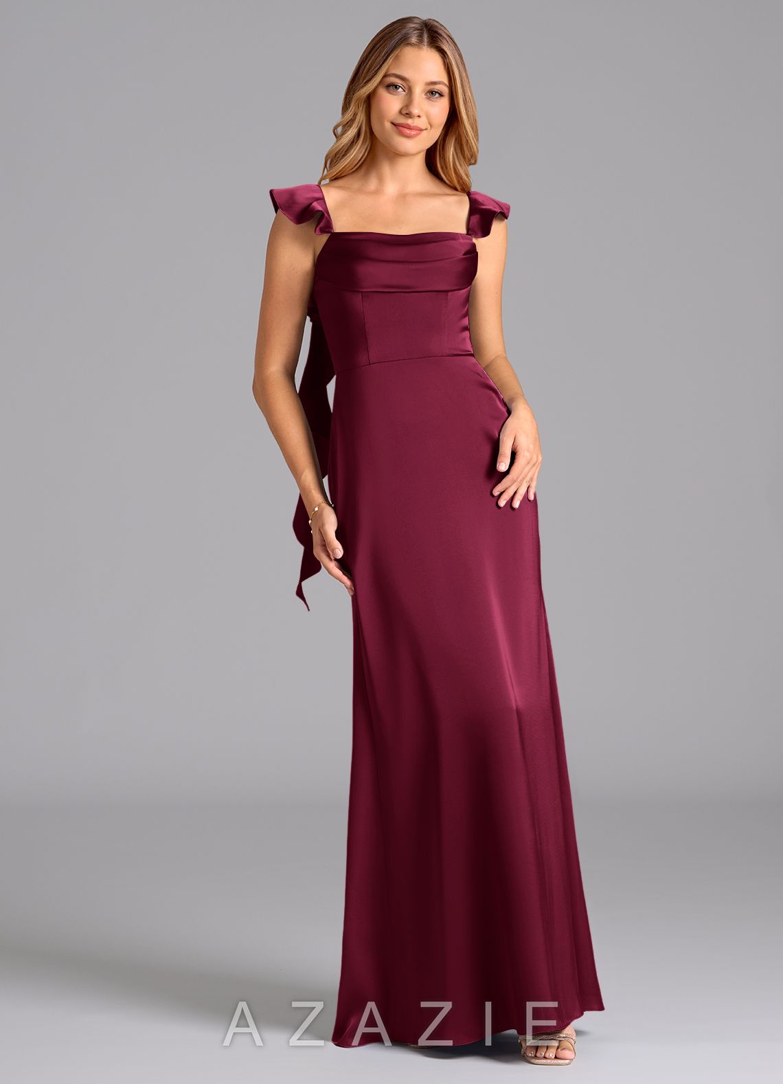 Azazie Adi Burgundy A-Line Pleated Stretch Satin Dress