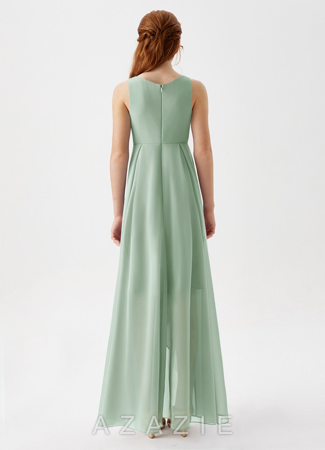Azazie Lizette Junior Agave A-Line Pleated Chiffon Dress agave