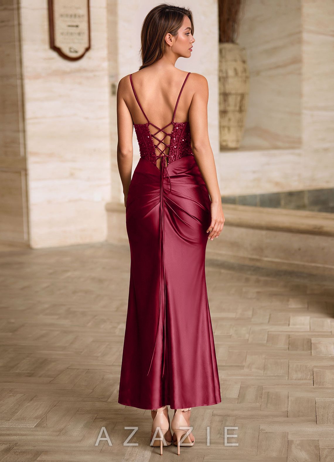 Viviannella Burgundy Sequin Embroidery Stretch Satin Wedding Guest