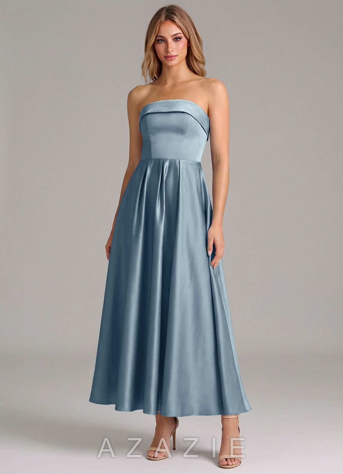 Azazie Lucienne Dusty Blue A-Line Pleated Stretch Satin Dress