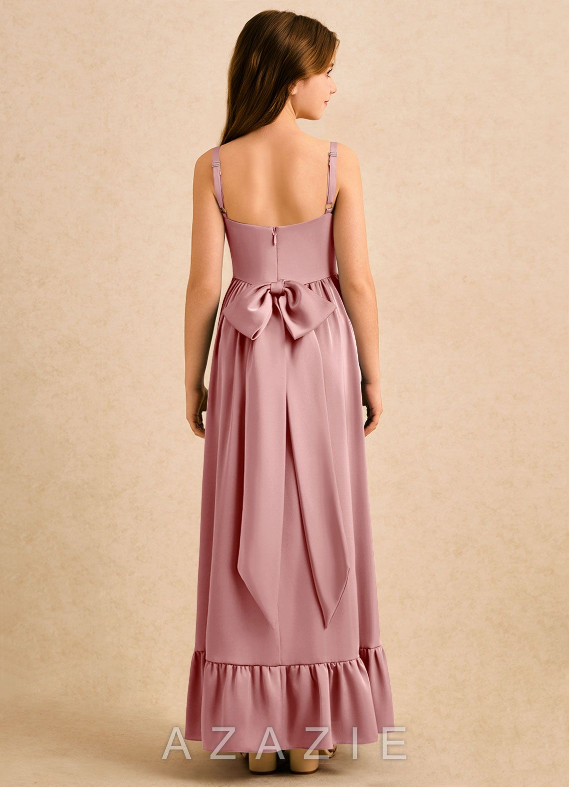 Azazie Maisie Girls Formal Dusty Rose A-Line Ruched Stretch Satin Dress dusty_rose