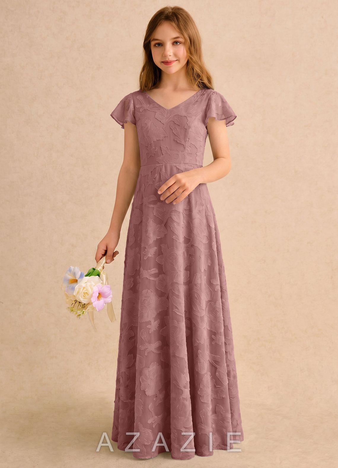 Azazie Narin Girls Formal Dusty Rose A-Line with Sleeves Floral Burnout Dress dusty_rose