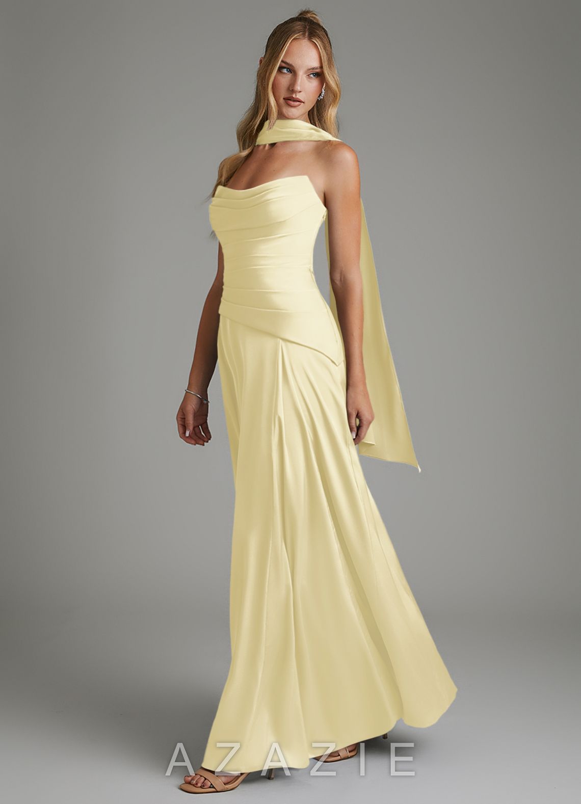 Azazie Gabriela Lemon Sorbet A-Line Corset Stretch Satin Dress lemon_sorbet