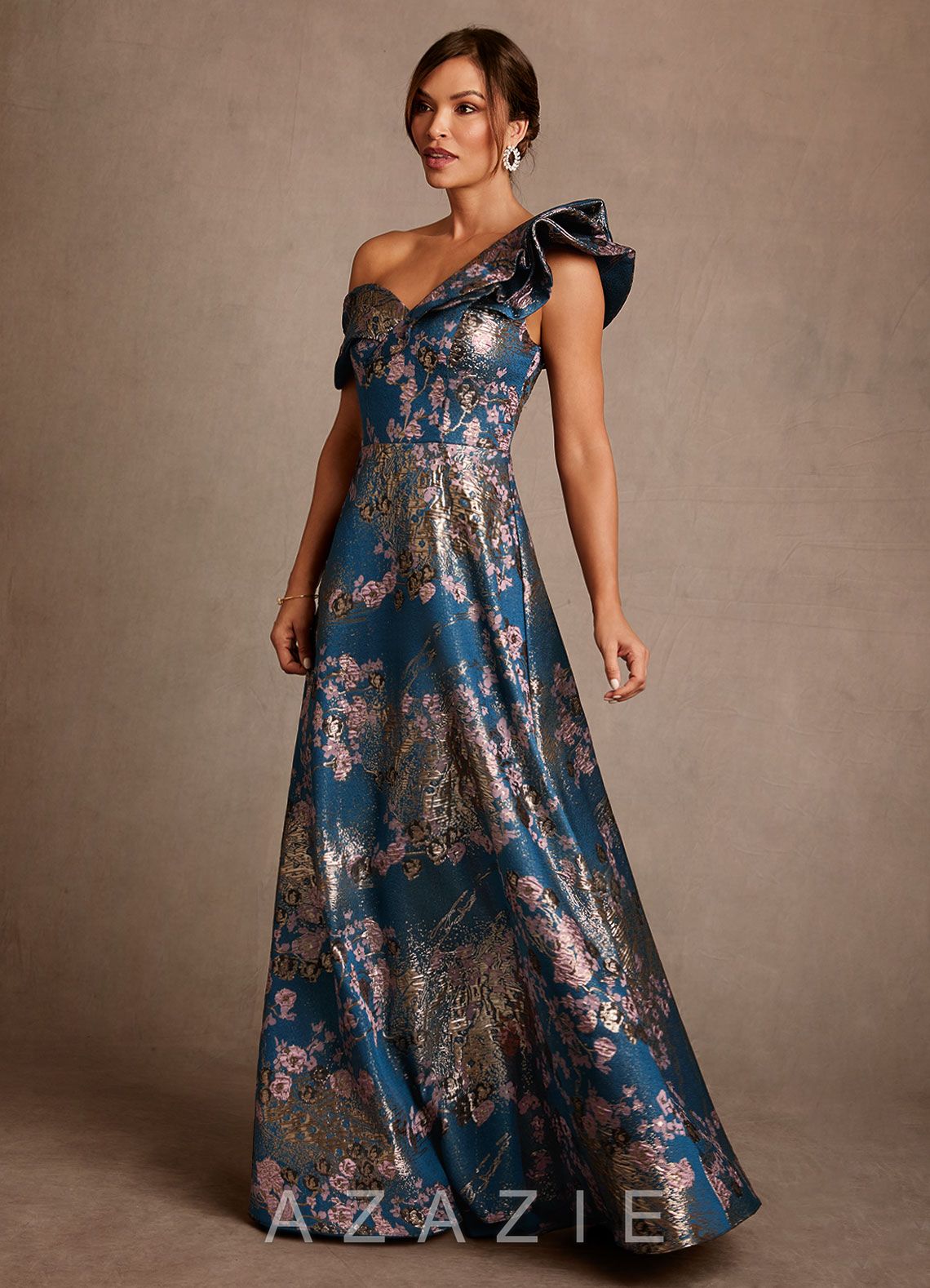 Azazie Des Moines Teal Floral A-Line One Shoulder Floral Jacquard Dress teal_floral