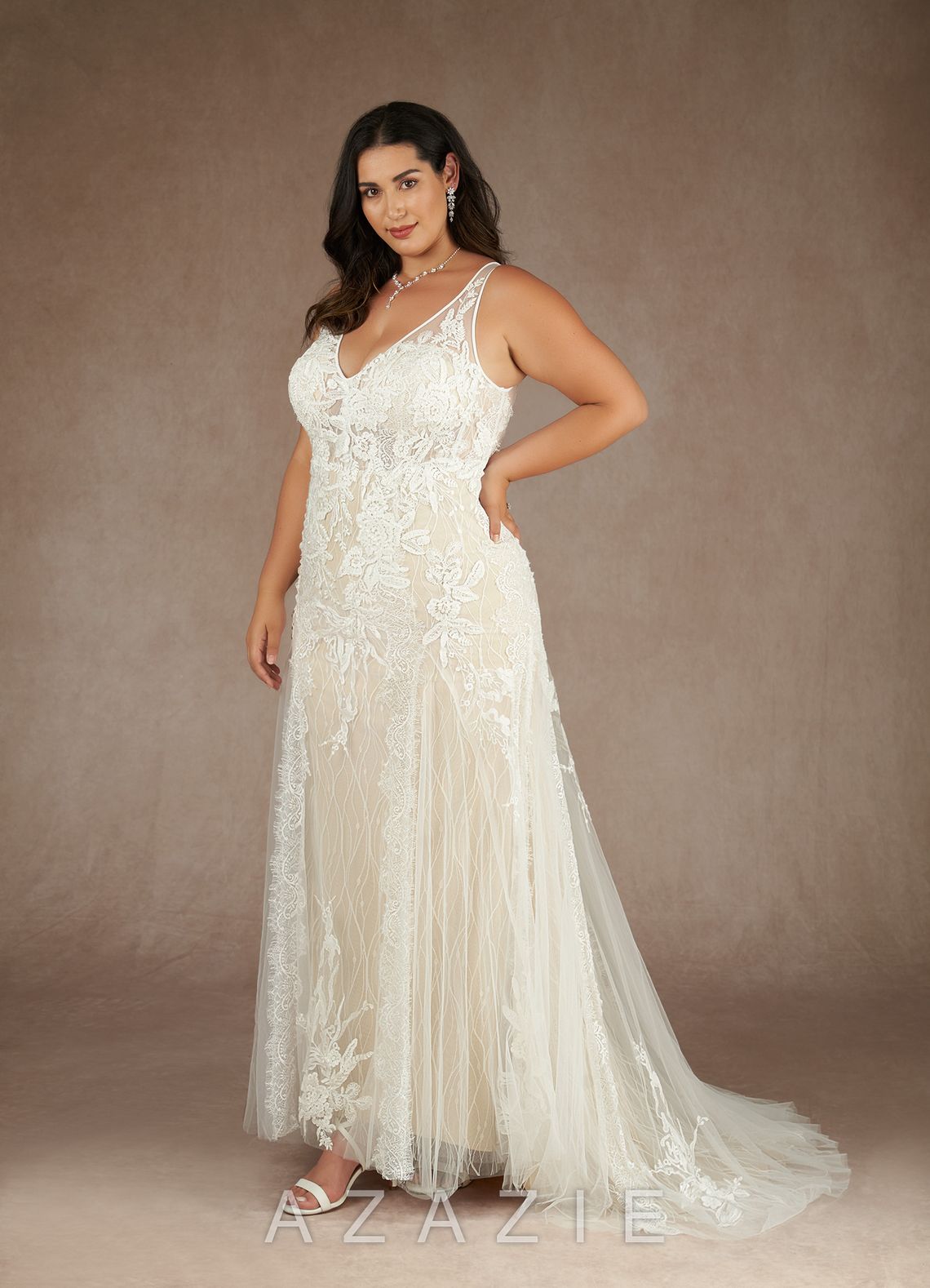 Azazie Konstantin Wedding Dress Diamond White Champagne Mermaid Sequins Tulle Dress diamond_white/champagne