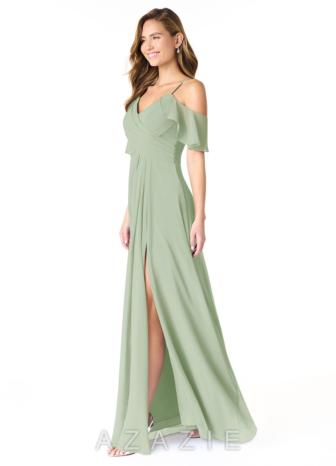 Azazie Dakota Dusty Sage A-Line V-Neck Pleated Chiffon Dress dusty_sage