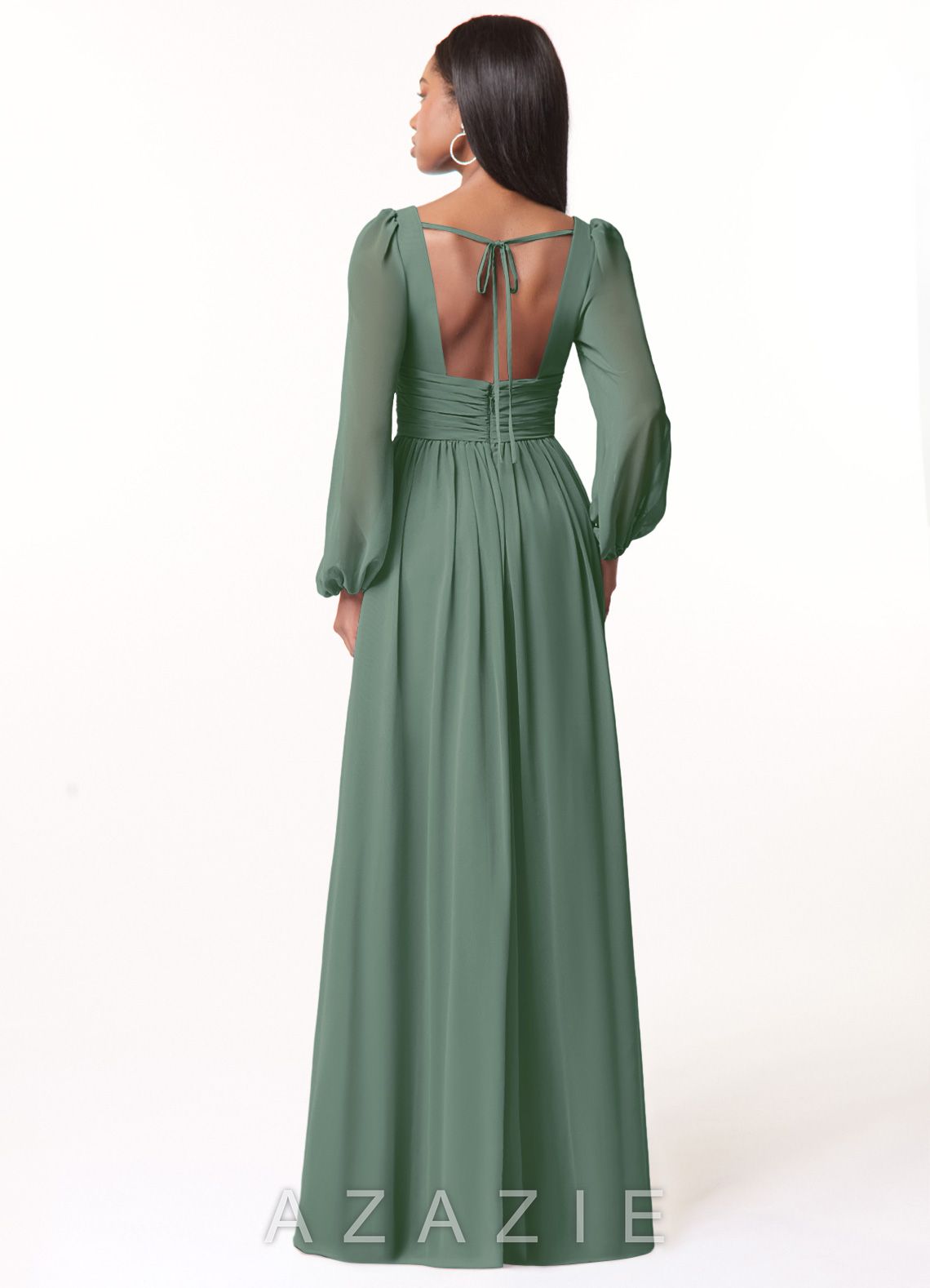 Azazie Norah Eucalyptus A-Line V-Neck Long Sleeve Chiffon Dress eucalyptus