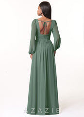 Azazie Norah Eucalyptus A-Line V-Neck Long Sleeve Chiffon Dress eucalyptus