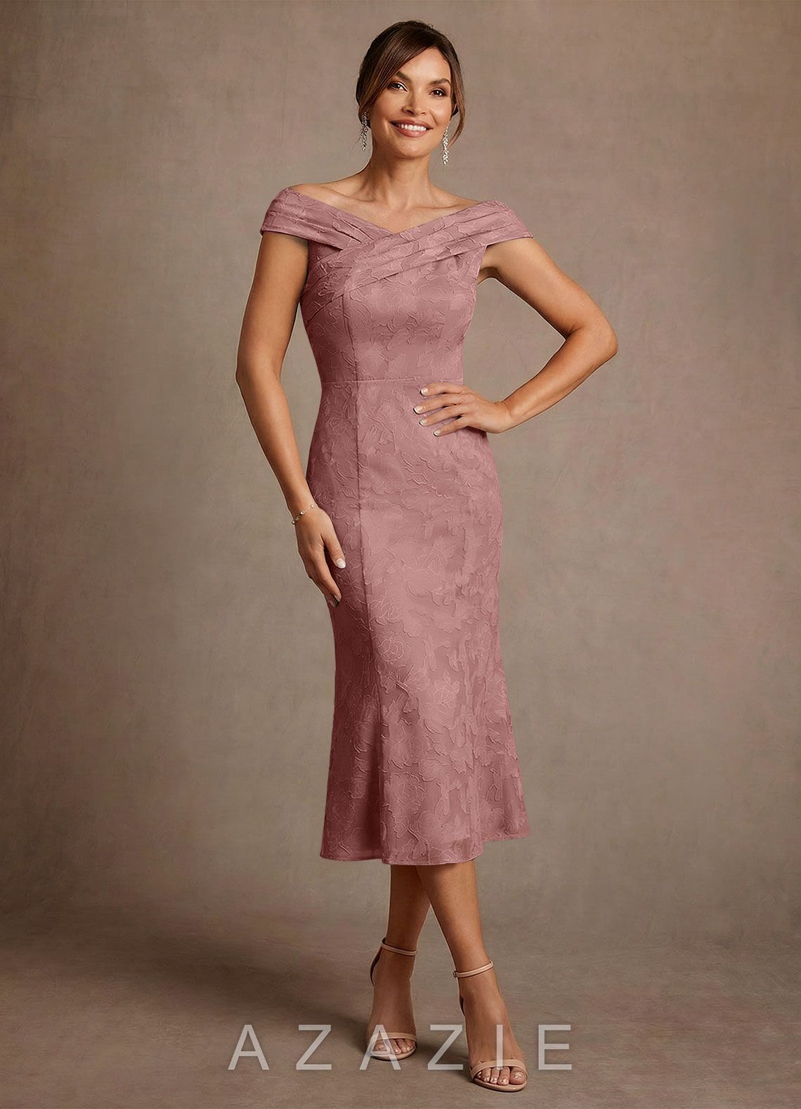 Azazie Keith Dusty Rose Sheath Pleated Floral Burnout Dress