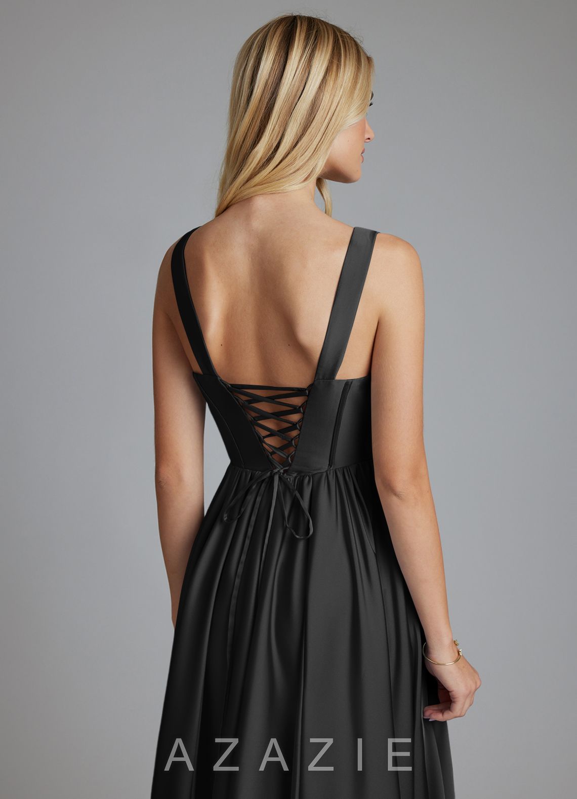Azazie Delmie Black A-Line Corset Stretch Satin Dress black