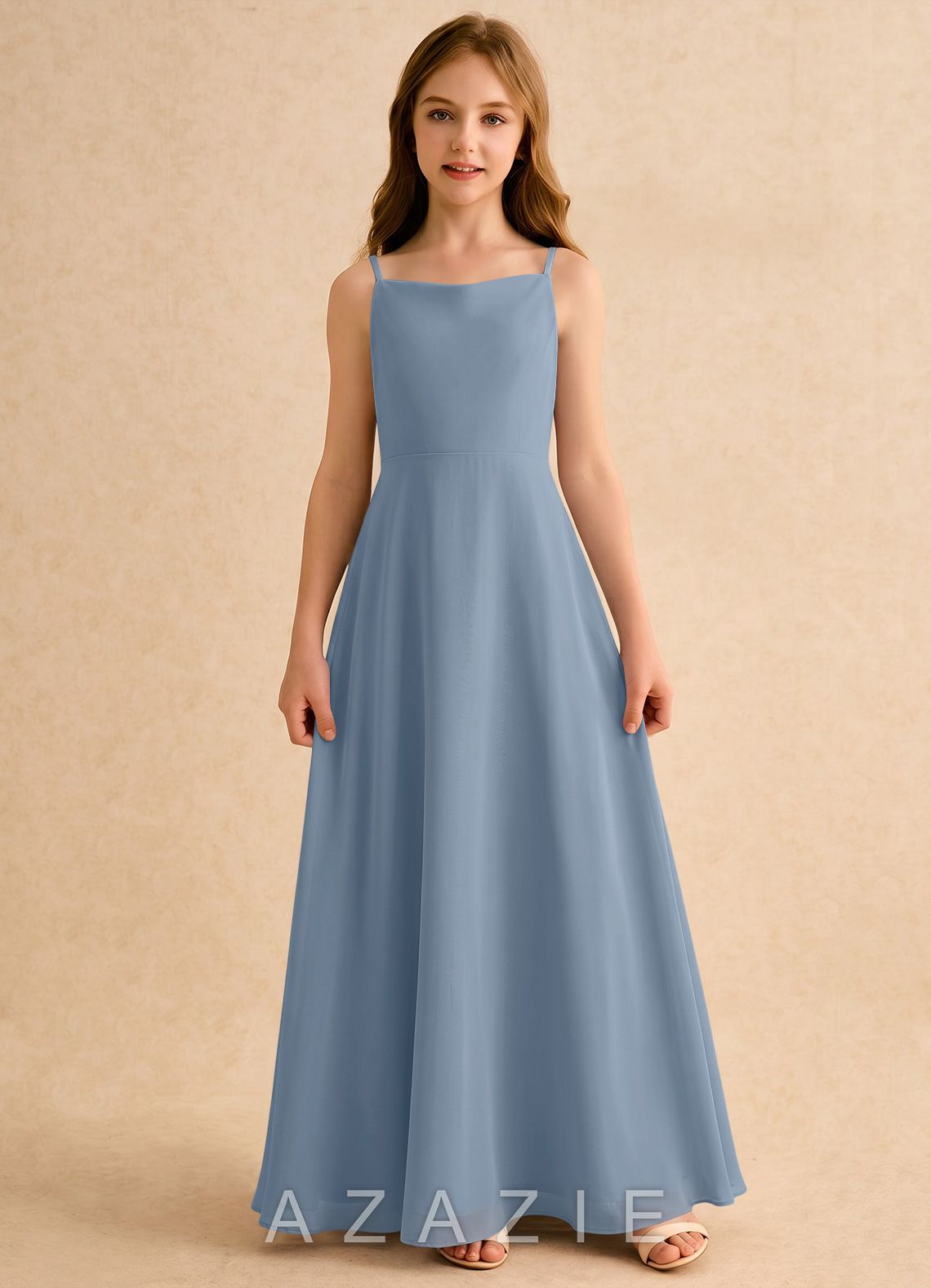 Azazie Jaella Girls Formal Dusty Blue A-Line Pleated Chiffon Dress dusty_blue