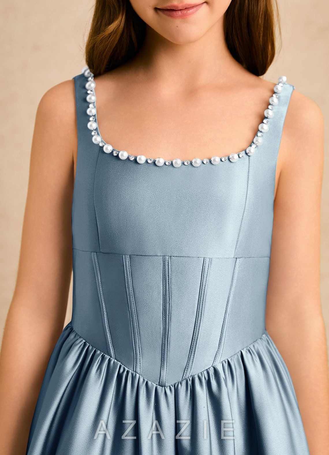 Azazie Enid Girls Formal Dusty Blue A-Line Beaded Stretch Satin Dress dusty_blue