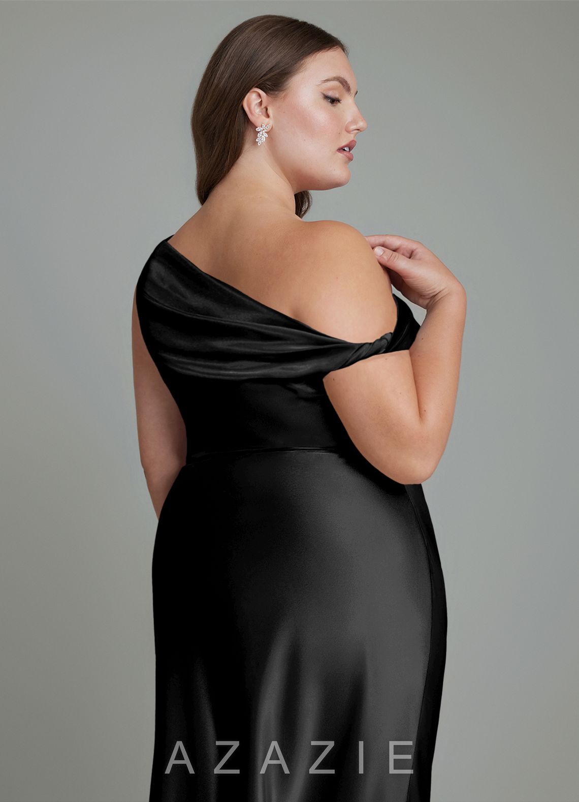 Azazie Emerson Black Mermaid Off the Shoulder Metallic Satin Dress black