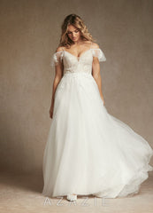 Azazie Iva Wedding Dress Diamond White Champagne A-Line V-Neck Sequins Tulle Dress diamond_white/champagne