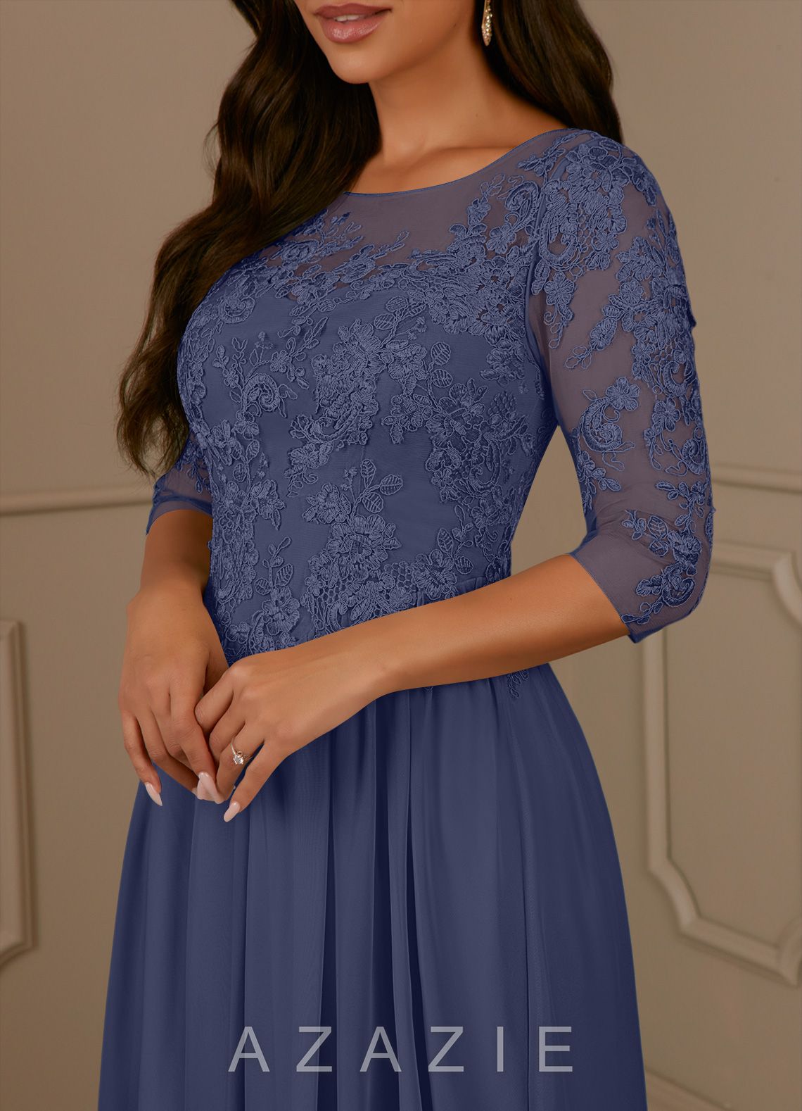 Azazie Harriet Stormy A-Line Scoop lace Mesh Dress stormy