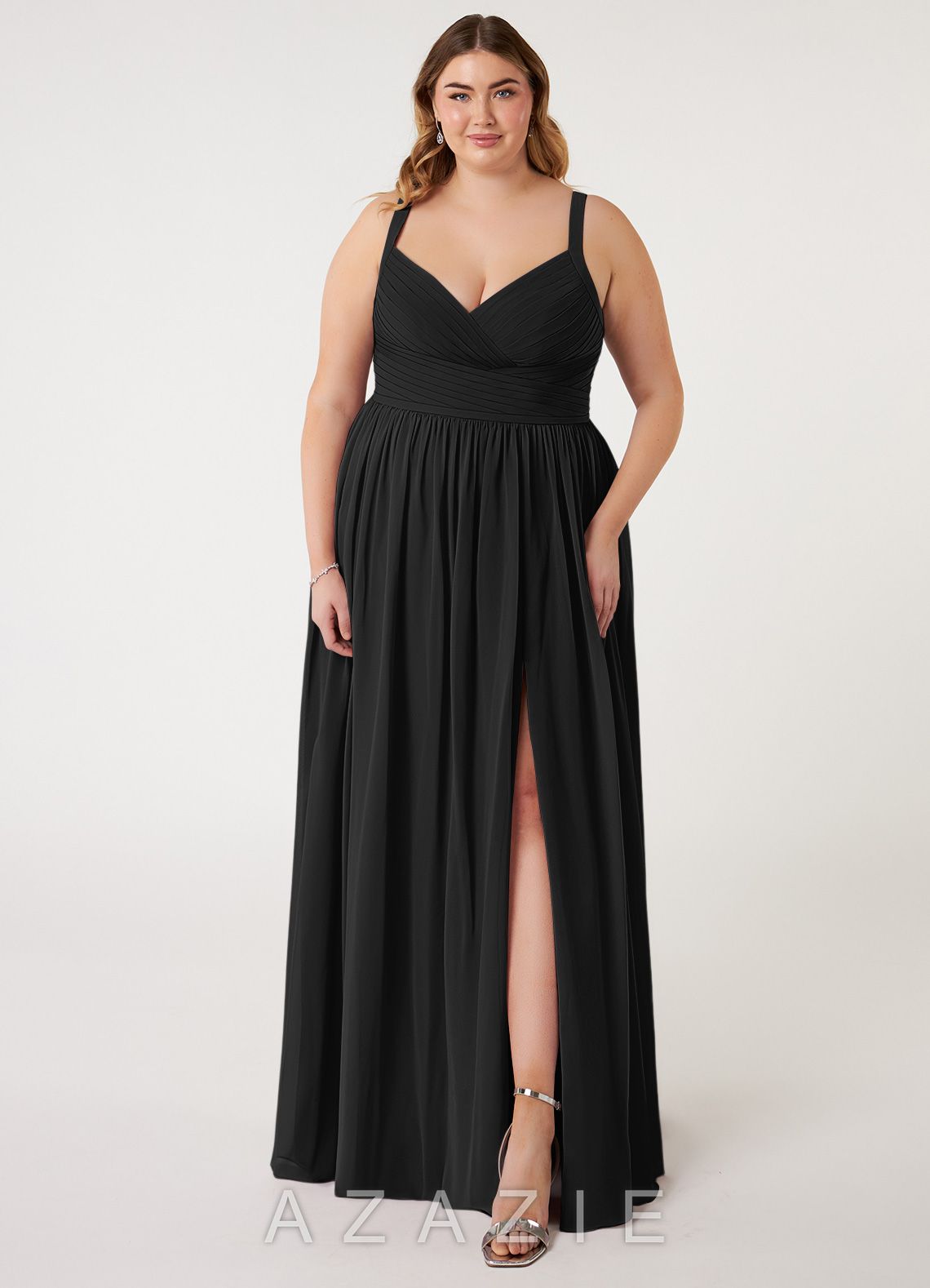 Azazie Chanel Black A-Line Pleated Chiffon Dress black