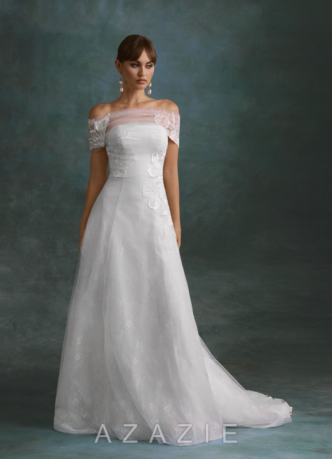 Azazie Berkely Diamond White A-Line Off the Shoulder Tulle Dress