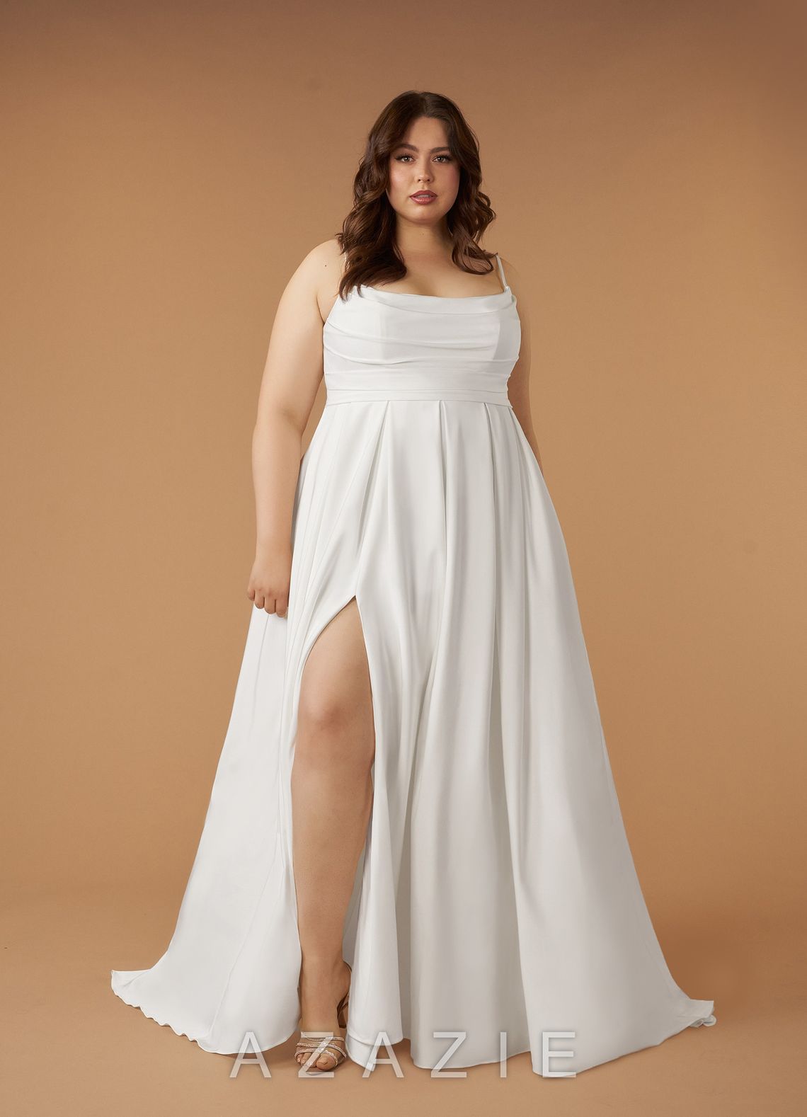 Azazie Caymus Wedding Dress Diamond White A-Line Scoop Pleated Crepe Back Satin Dress diamond_white