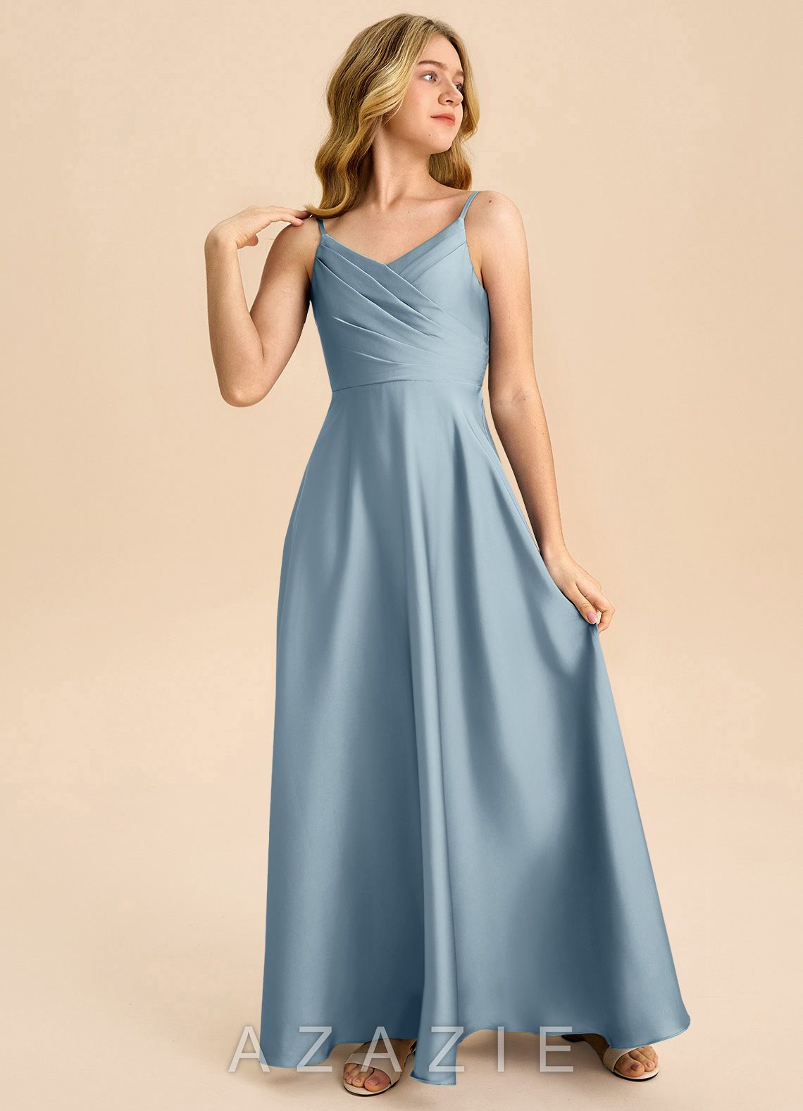 Azazie Bug Junior Dusty Blue A-Line Pleated Stretch Satin Dress dusty_blue