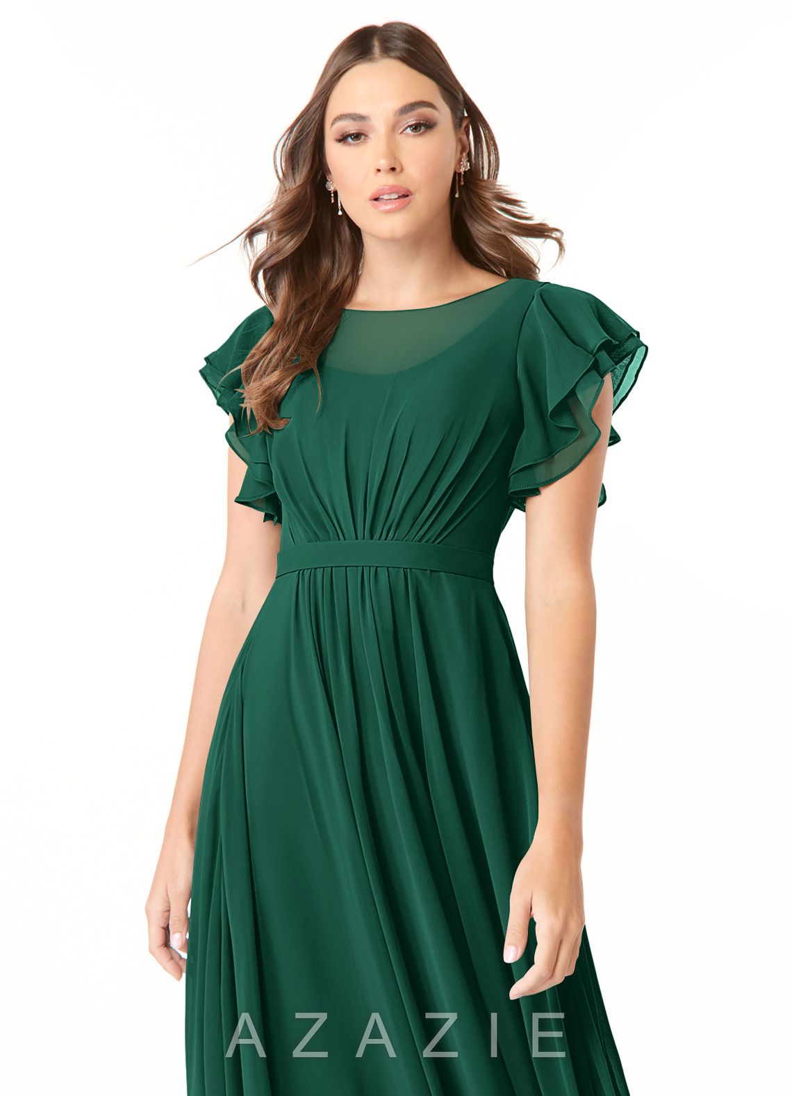 Azazie Daphne A-Line Ruffled Chiffon Floor-Length Dress emerald