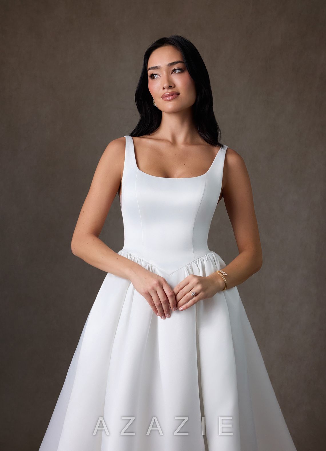 Azazie Skylin Diamond White Ball-Gown with Pockets Satin Dress diamond_white