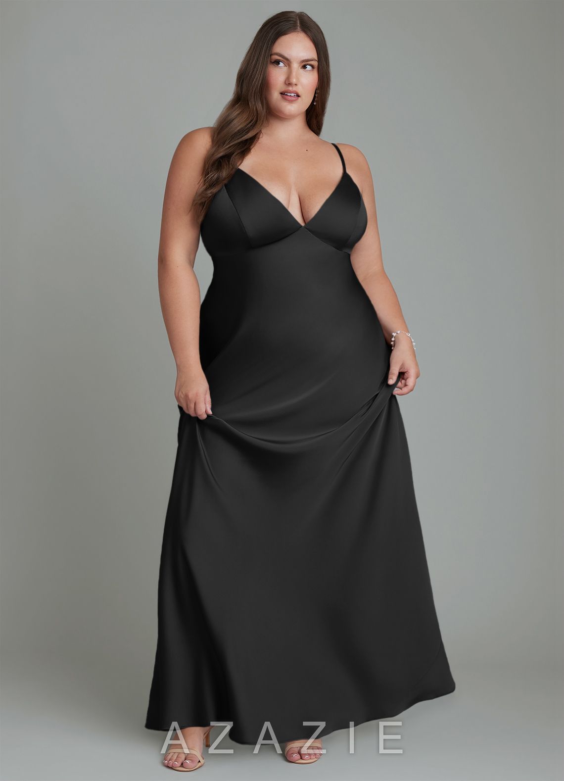 Azazie Stefania Black A-Line Stretch Satin Dress black