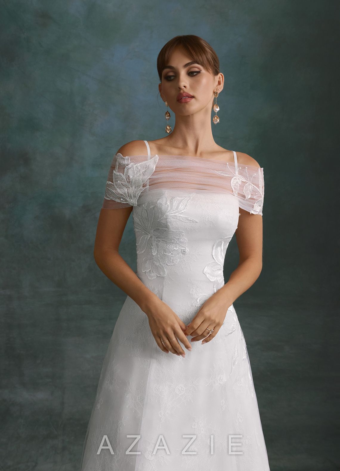 Azazie Berkely Diamond White A-Line Off the Shoulder Tulle Dress